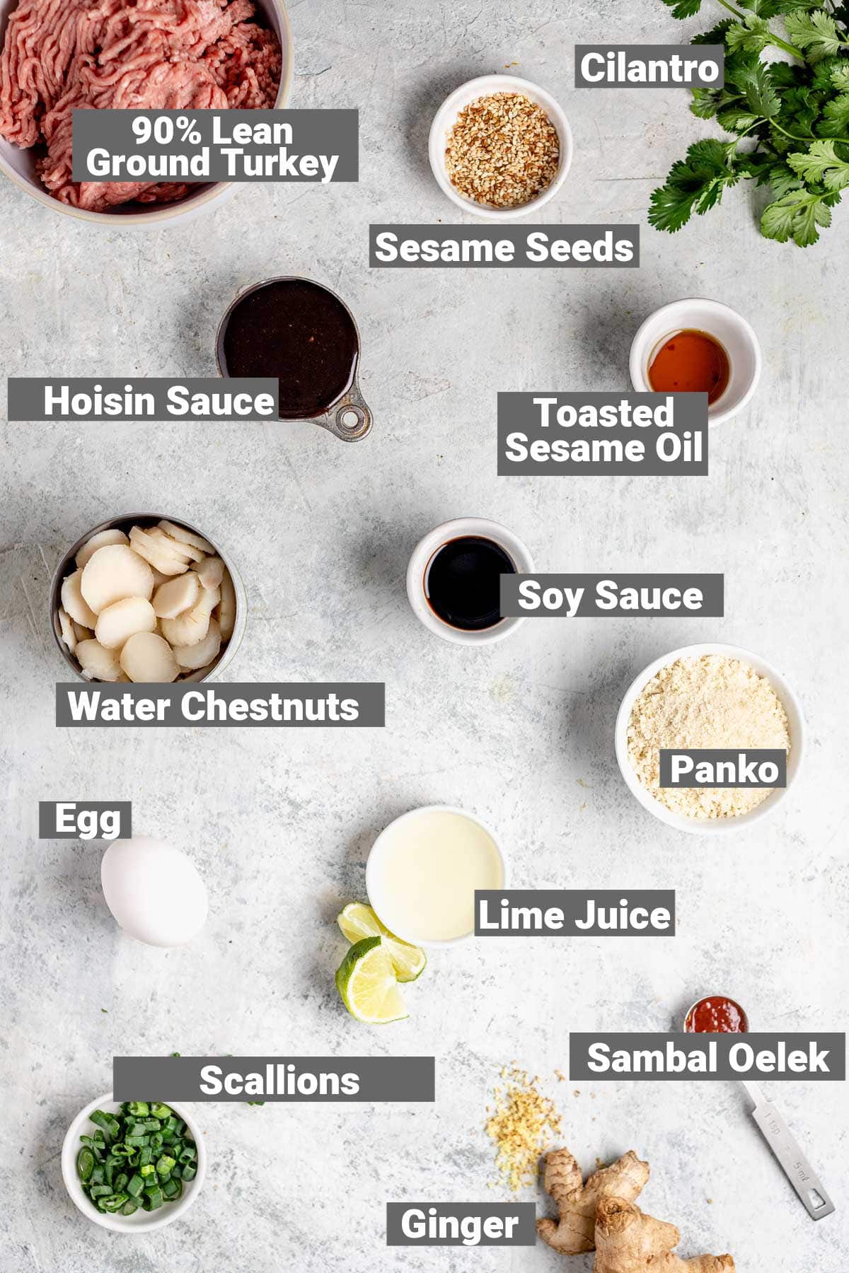 asian turkey meatballs ingredients with text