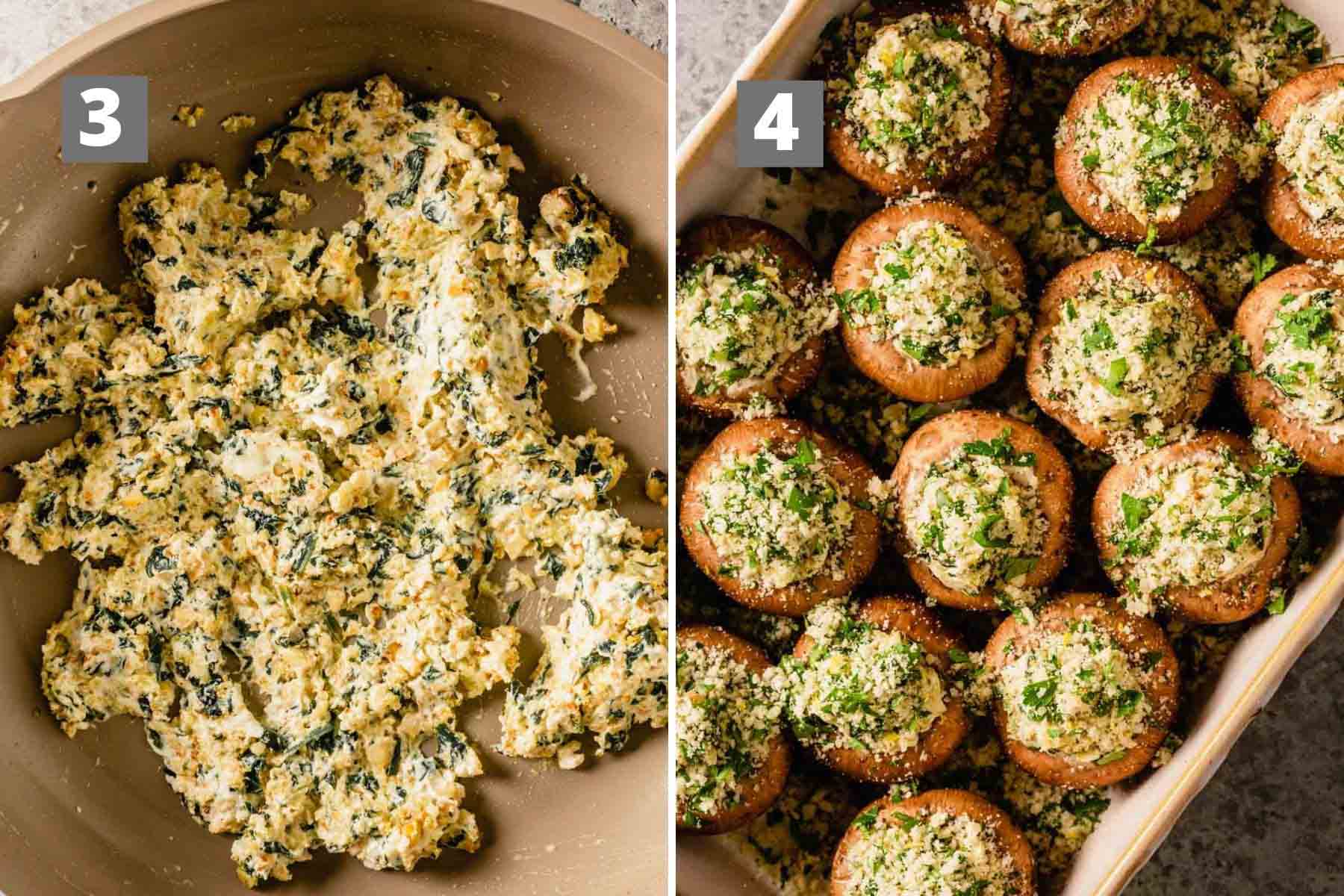 two images showing a creamy filling in a skillet and unbaked stuffed mushrooms in a baking dish