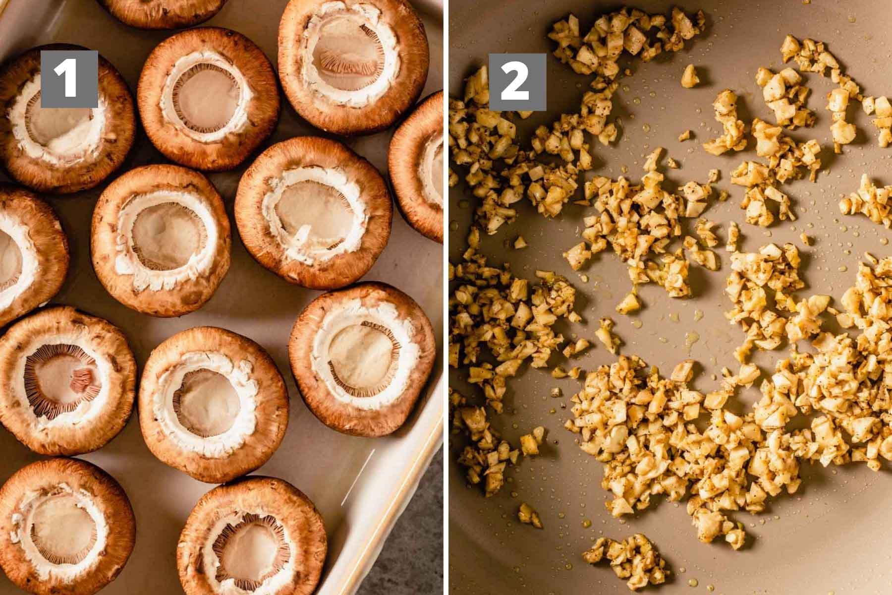 two images showing cremini mushroom caps in a baking dish and the other image showing minced mushrooms cooking in a skillet