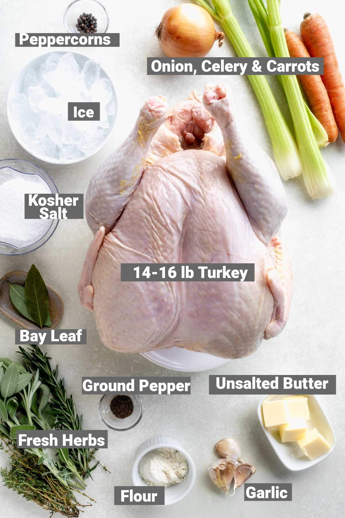 ingredients for roasted turkey, brine, gravy and garlic herb rub