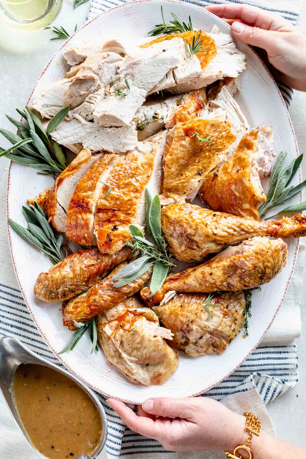 the carved turkey arranged on a platter