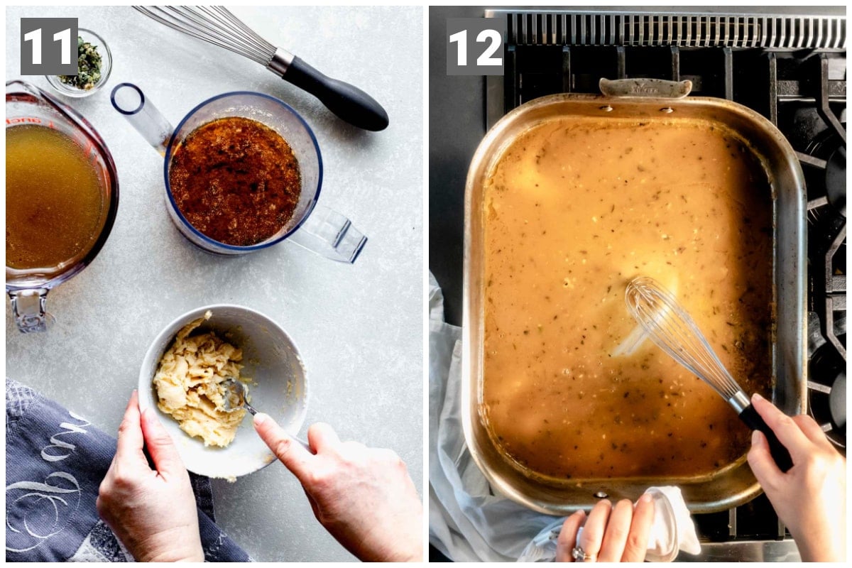 mash the butter and flour together and whisk it into the gravy to thicken it
