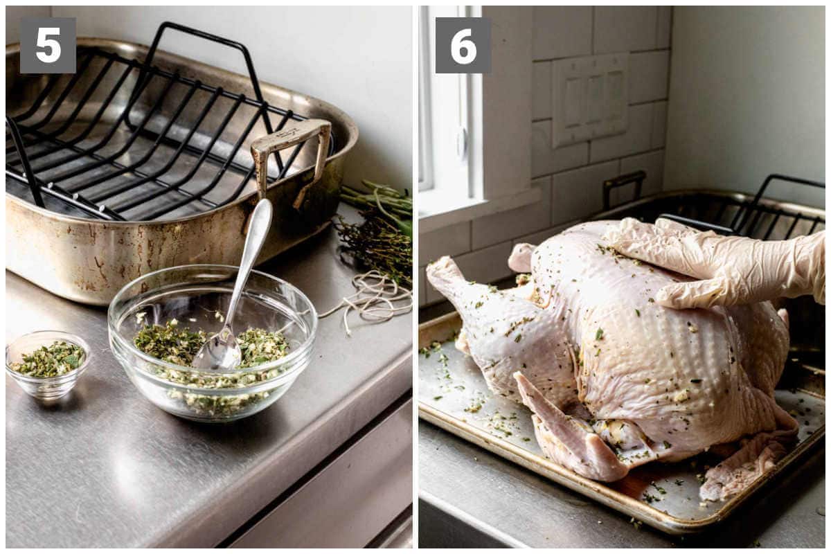 make the garlic herb mixture and rub it on the turkey