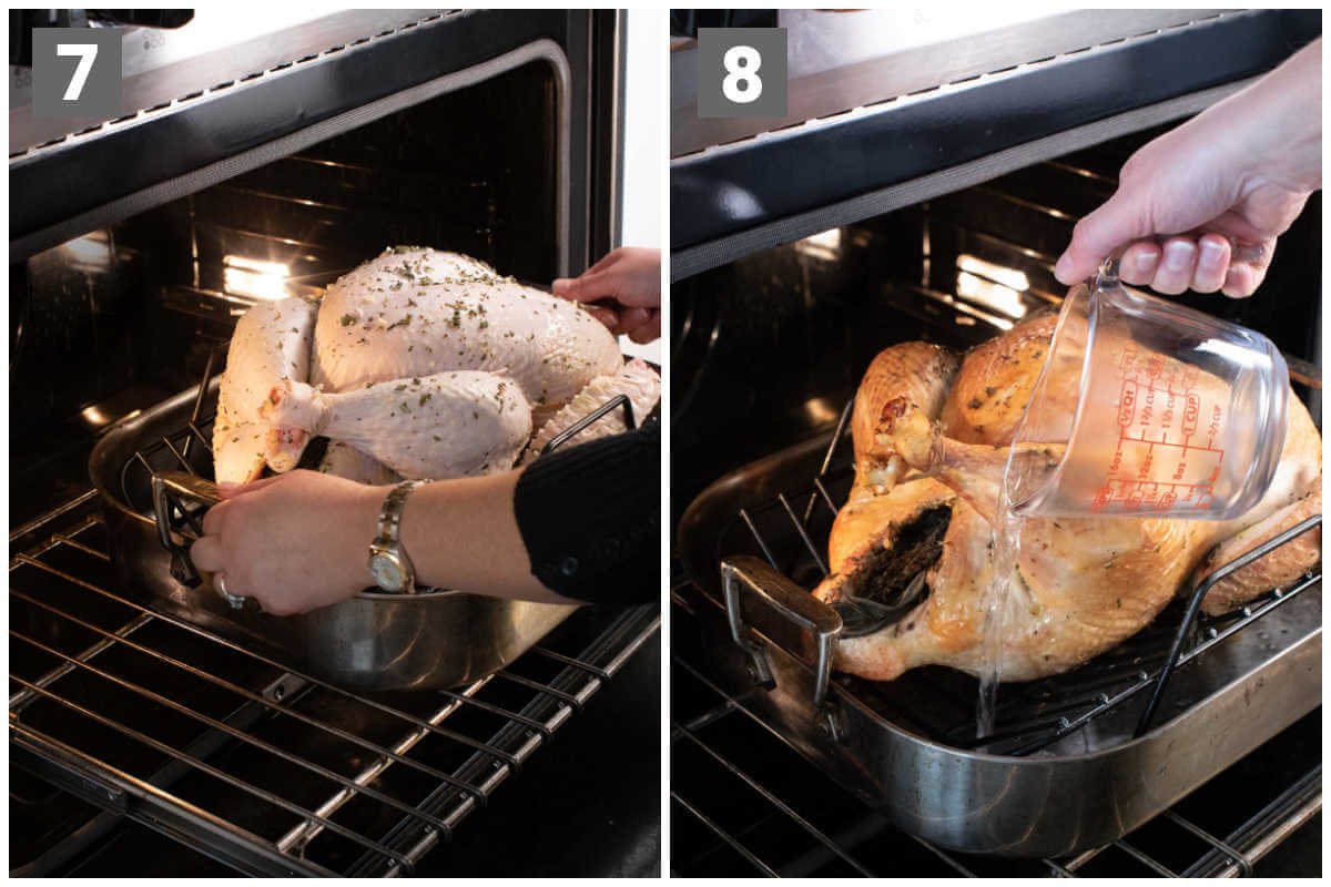 place the turkey in the preheated oven on the bottom rack and then after an hour add water to the pan