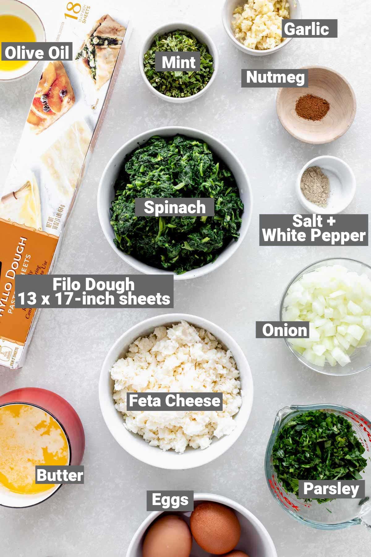 spinach feta filo pie ingredients with text overlay
