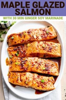 maple glazed salmon on circular white plate with text overlay