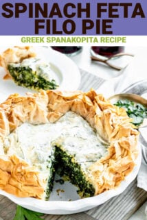 spinach pie with filo crust with text overlay
