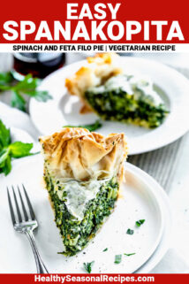 spinach pie with filo crust with text overlay