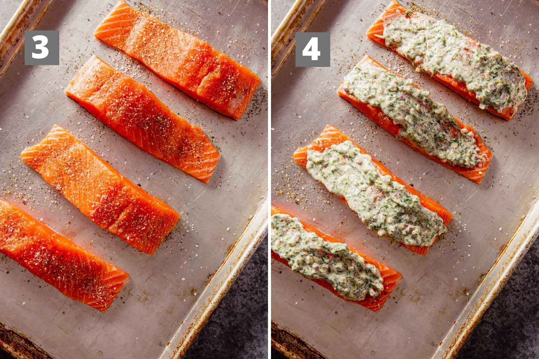 two images showing salmon filets arranged on a baking sheet then salmon filets topped with a mayonnaise sauce