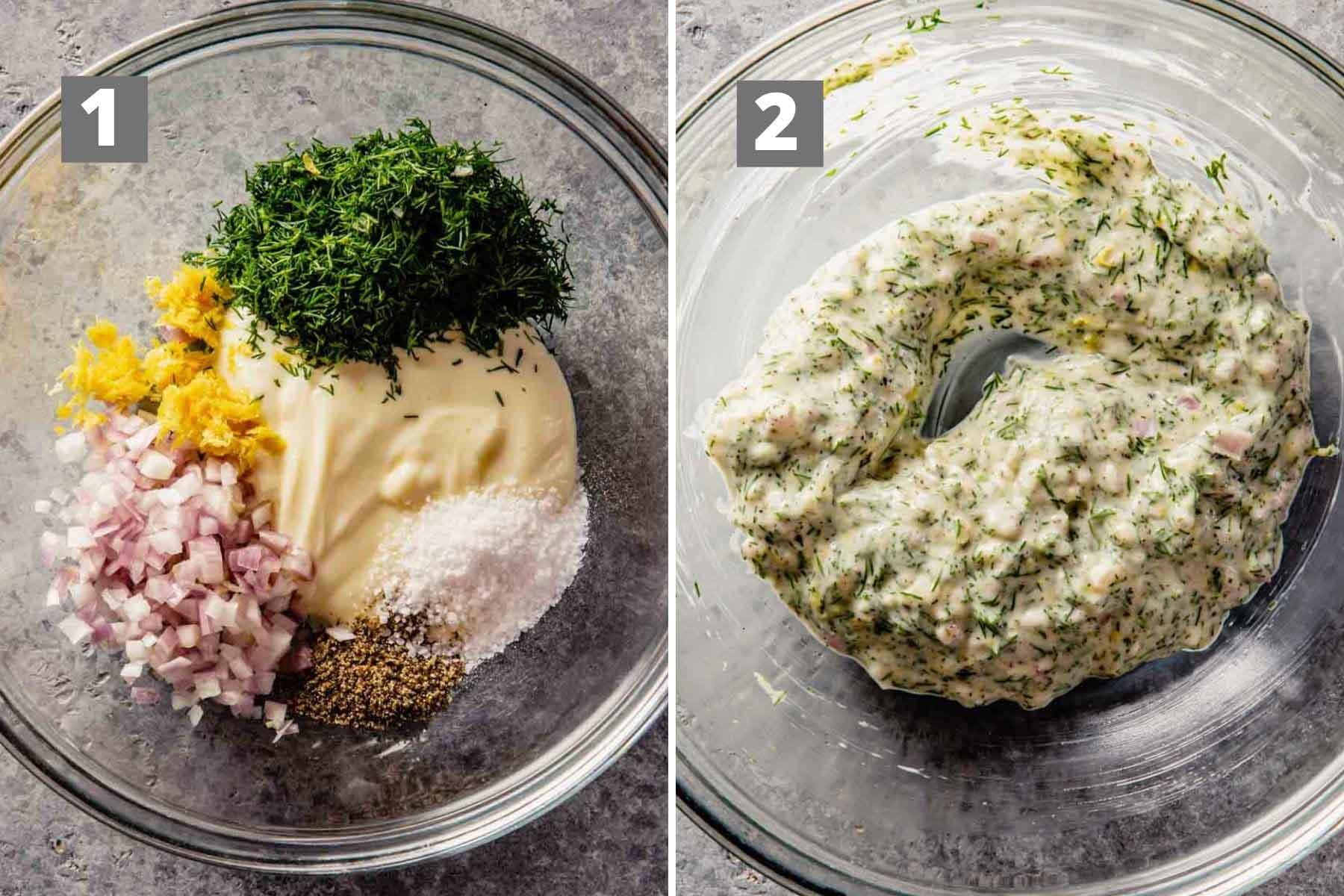 two images showing mayo, herbs, shallot and lemon zest added to a bowl and them mixed together