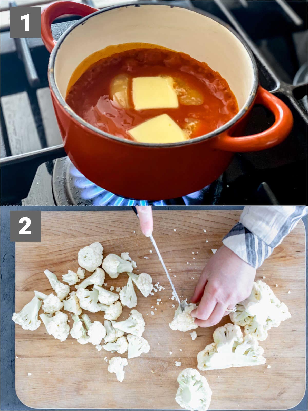 air fryer buffalo cauliflower wings steps 1 and 2