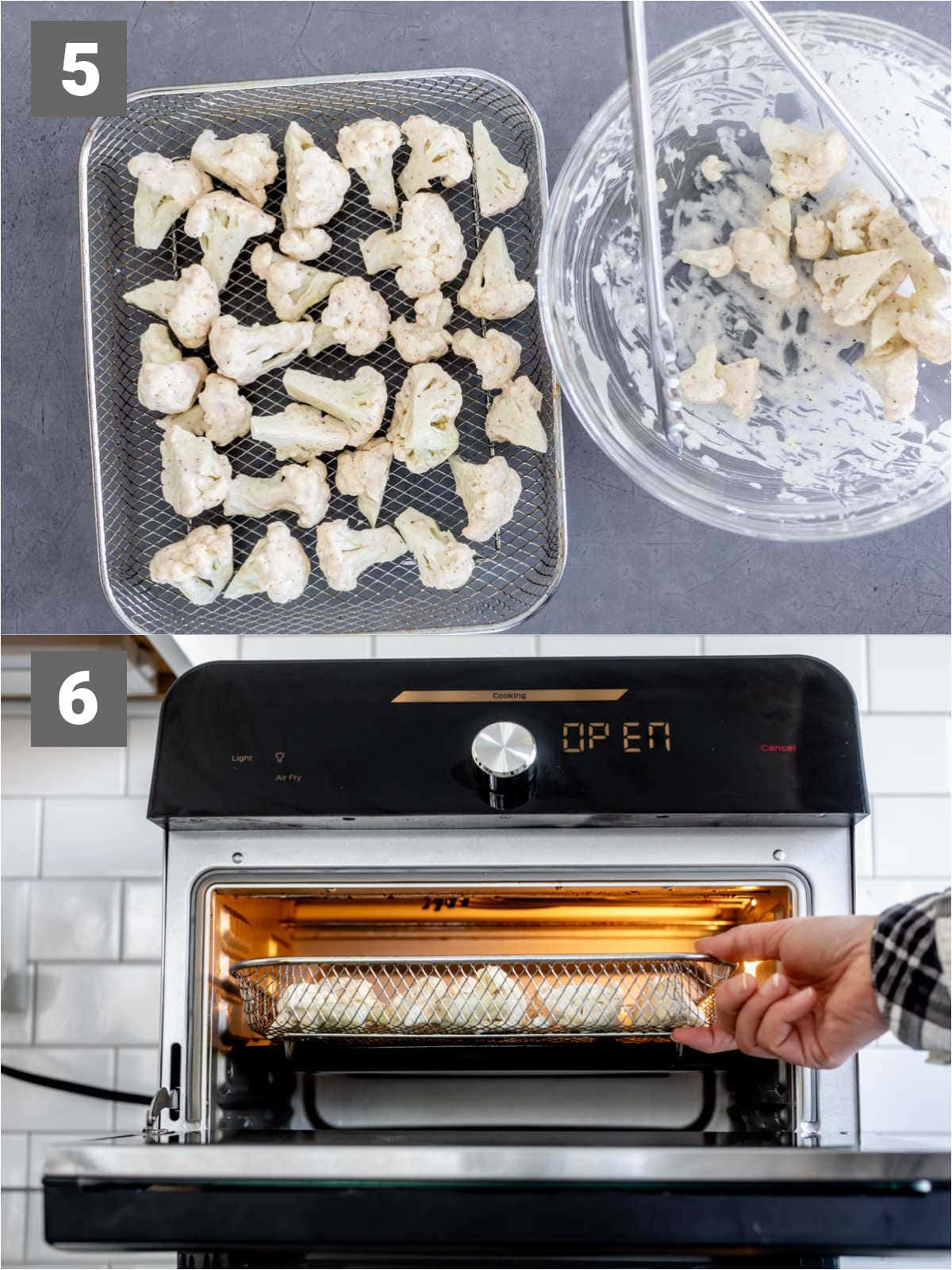 air fryer buffalo cauliflower wings steps 5 and 6