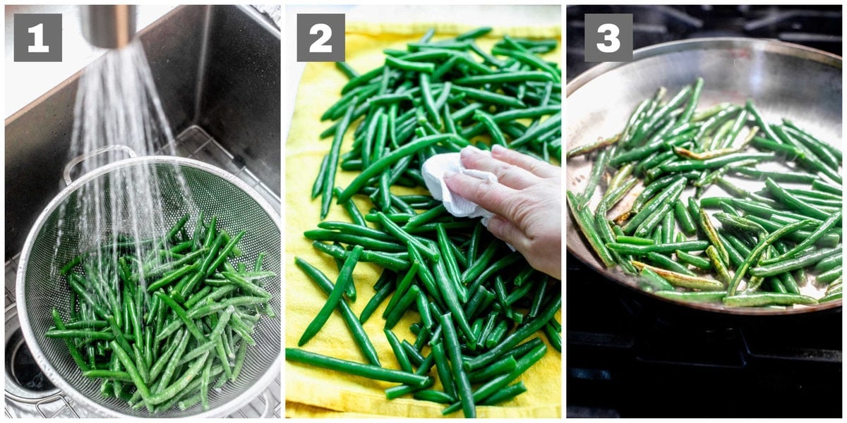 thawing, drying and sauteeing frozen green beans