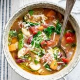 overhead view of instant pot minestrone soup in a circular bowl