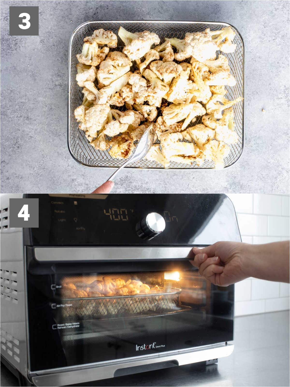 air fryer cauliflower steps 3 and 4
