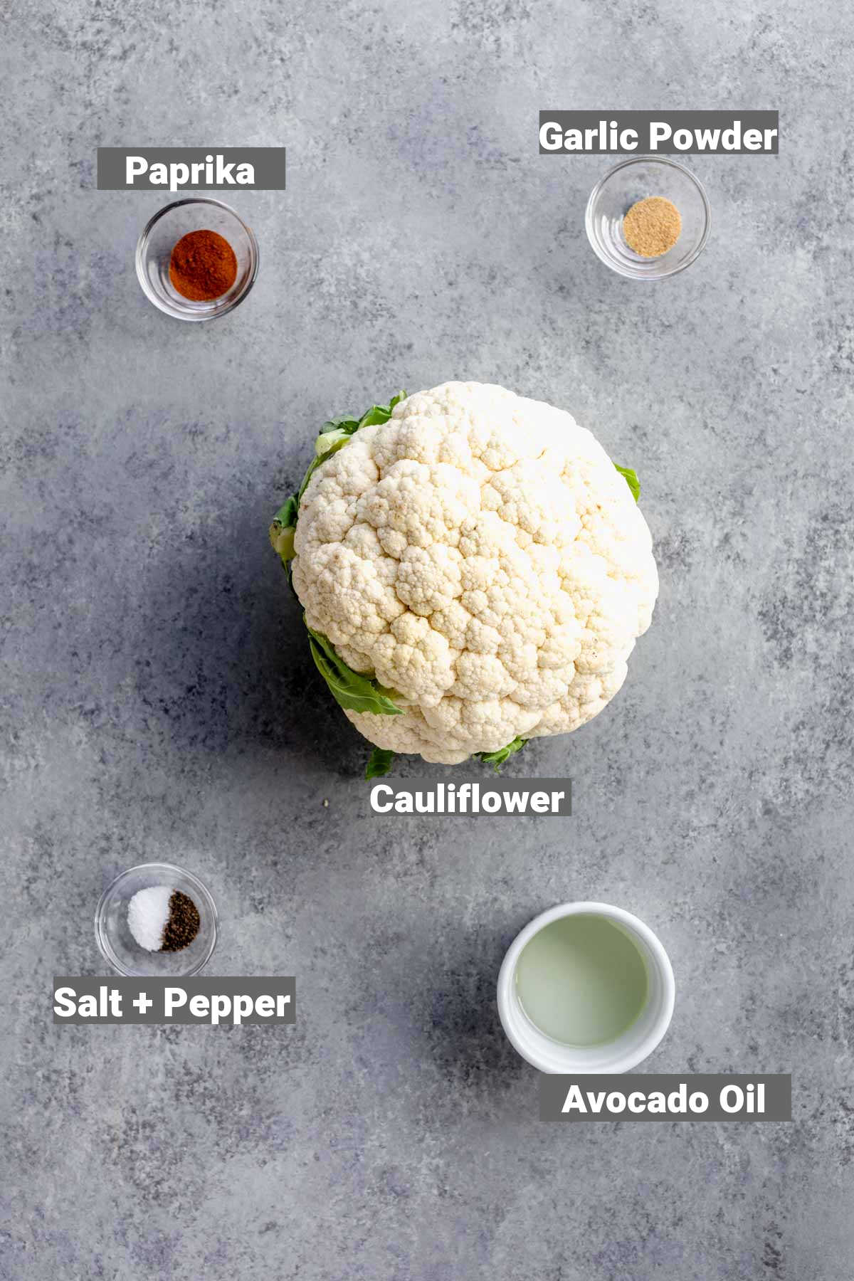 air fryer cauliflower ingredients with text labels
