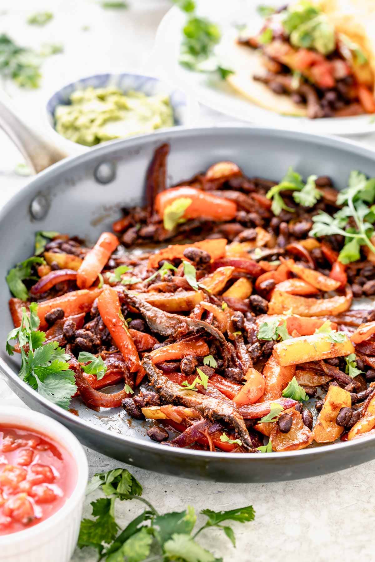 Veggie taco ingredients in the skillet