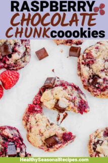 raspberry chocolate chunk cookies with text overlay