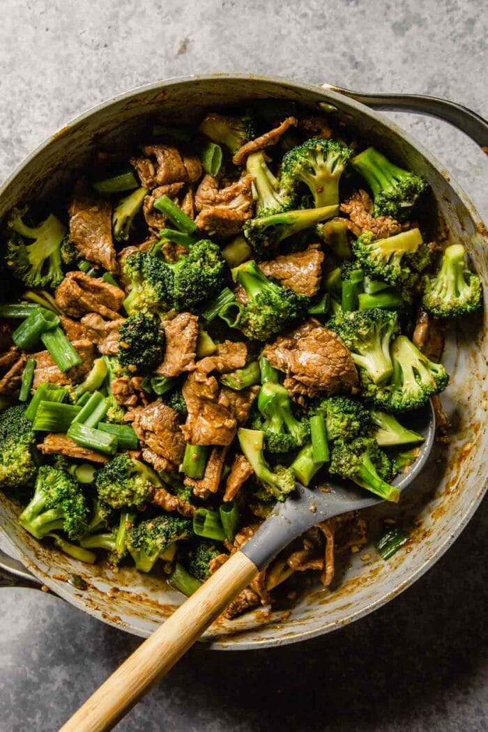thinly sliced beef and broccoli cooked in a nonstick skillet