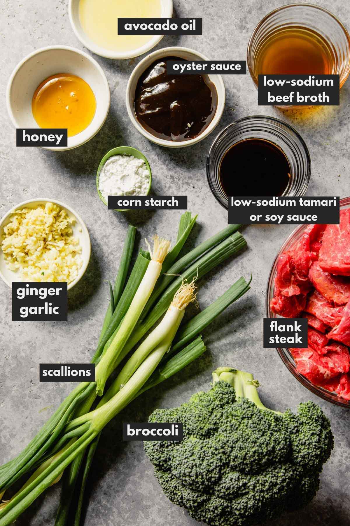 broccoli, beef, garlic, ginger, broccoli and sauces measured out and arranged on a counter