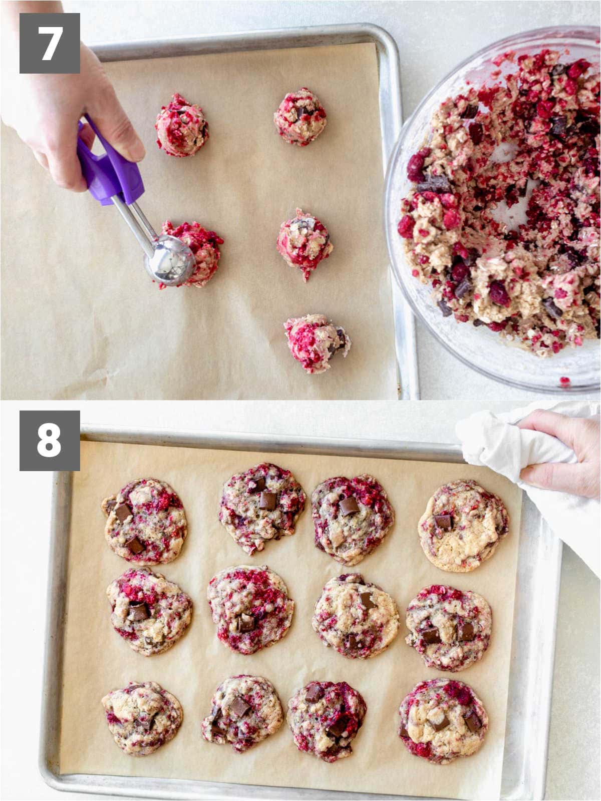 raspberry chocolate chunk cookies steps 7 and 8
