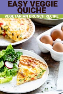 Slice of vegetable quiche on white plate with text overlay
