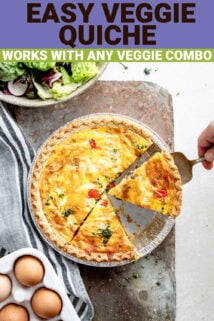 Overhead shot of sliced quiche with text overlay