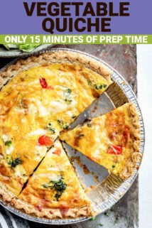 Close up shot of quiche showcasing a triangle slice of quiche with text overlay