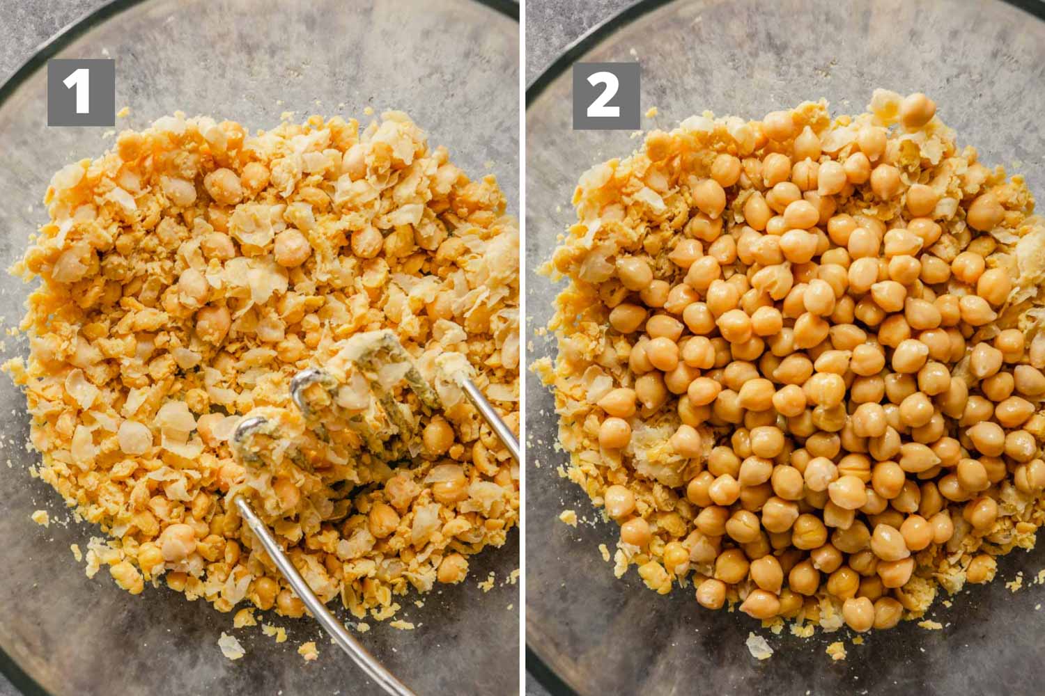 mashed chickpeas in a glass bowl and another image with whole chickpeas added to glass bowl