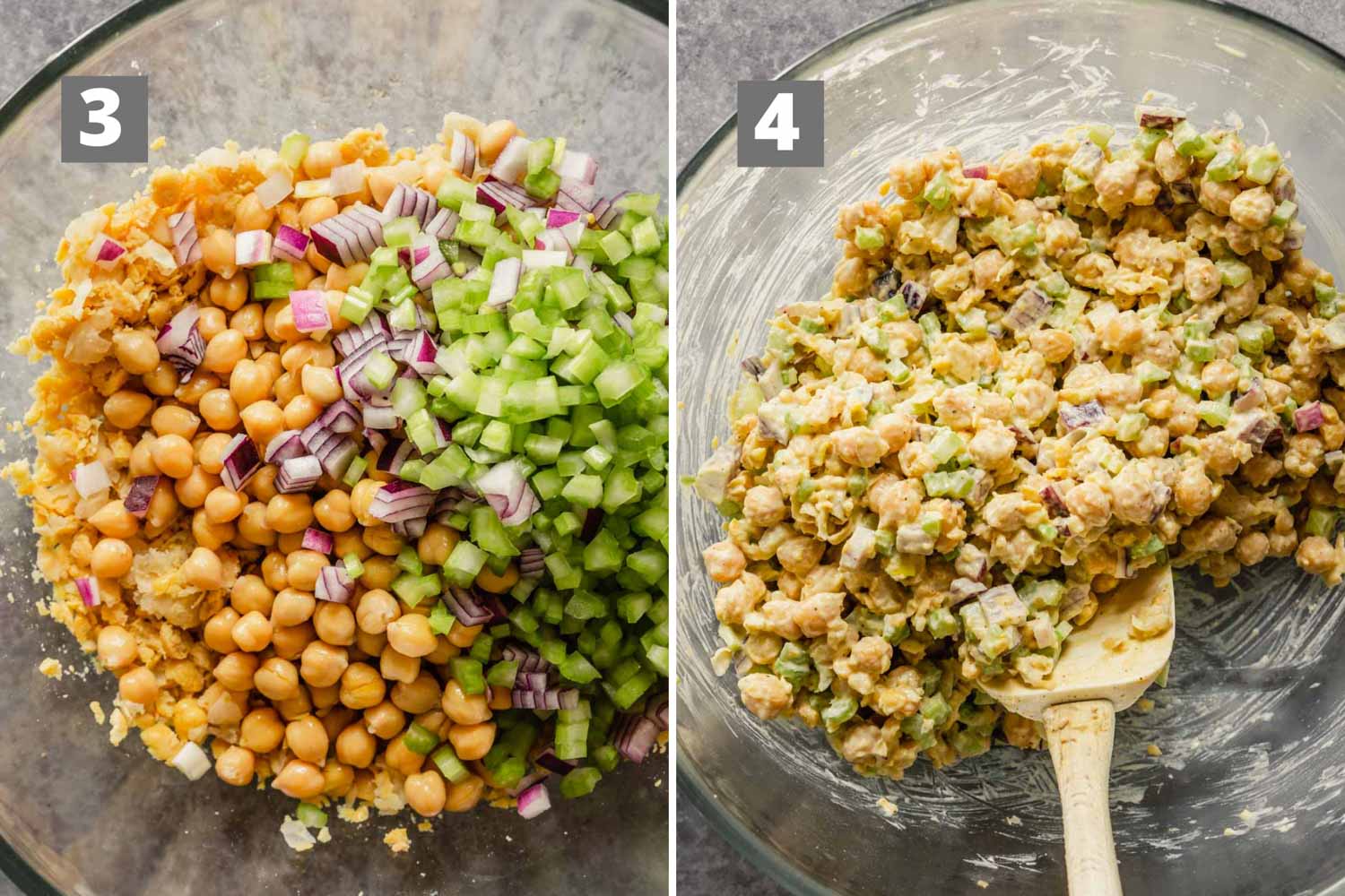chickpeas, celery and red onion in a glass bowl and chickpea tuna salad in a glass bowl