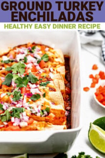Easy ground turkey enchiladas with text overlay