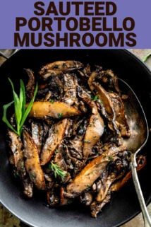 Cooked mushrooms in a pan with title 'sauteed portobello mushrooms'