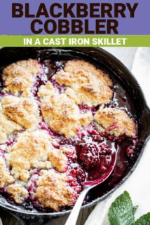 Blackberry cobbler in a black skillet with title text above it.
