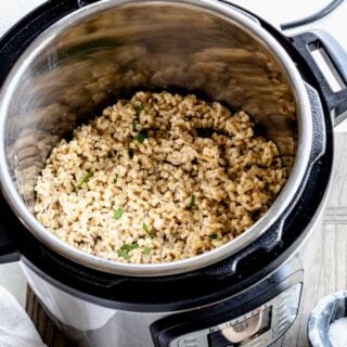 cooked barley from overhead inside the instant pot