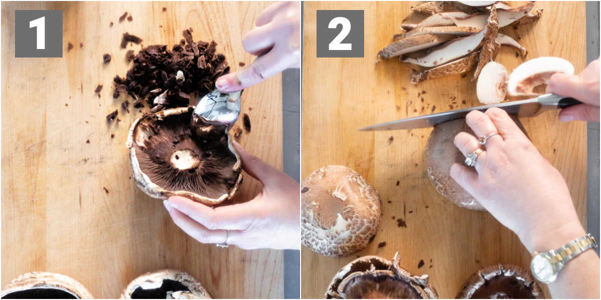 Left side, a portobello mushroom having the gills scraped out by a spoon. Right side, mushrooms being chopped on a chopping board.
