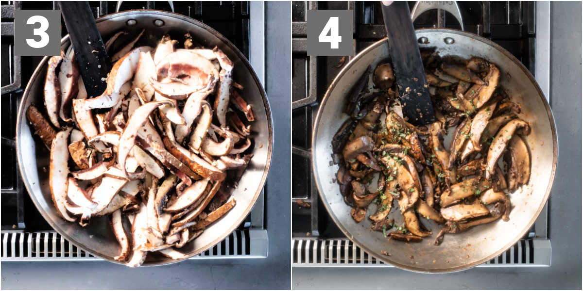 Left side, sliced portobello mushrooms being sautéed in a pan on a stove. Right side, sauteed portobello mushrooms with all ingredients and seasoning finished cooking in a pan on a stove.