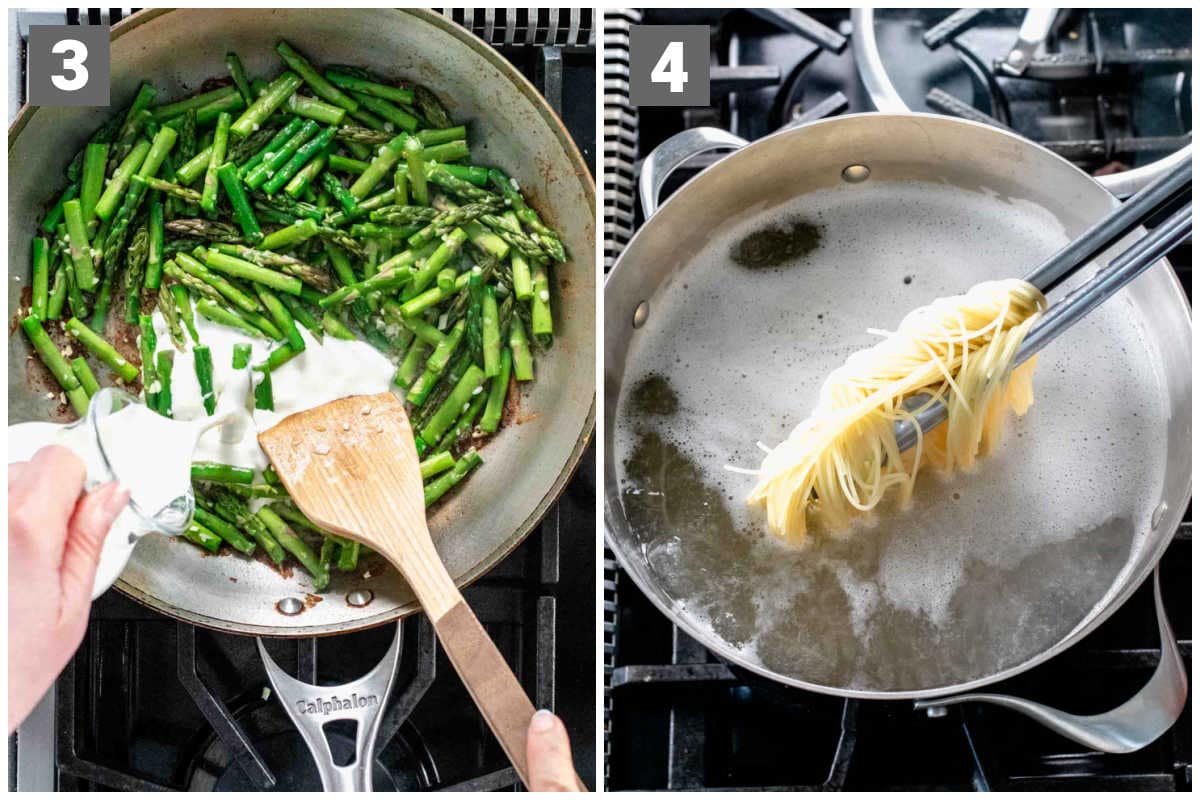 making the asparagus and cream sauce plus cooking the pasta