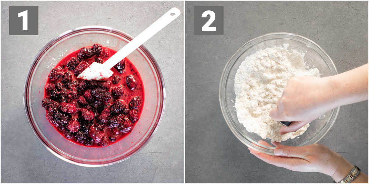 Left hand side: Defrosted blackberried in a glass bowl. Right hand side, flour mix in a bowl.