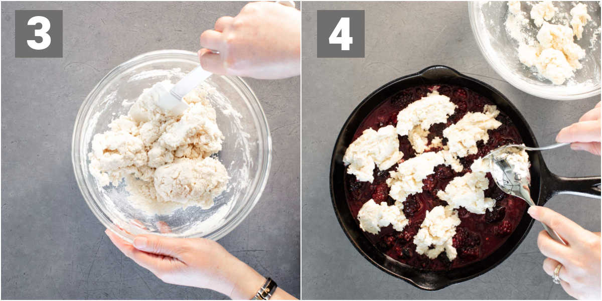 Left side: flour mixture in a glass bowl. Right side, blackberries in skillet being topped with biscuit dough.