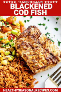 blackened cod on a bed of rice and summer succotash