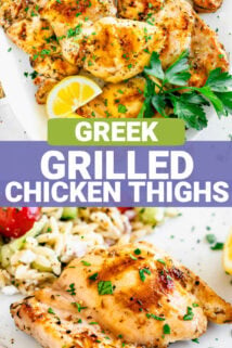 chicken thighs on a white platter with parsley and lemon