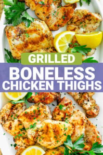 chicken thighs on a white platter with parsley and lemon