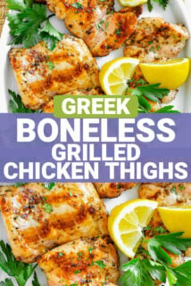 chicken thighs on a white platter with parsley and lemon