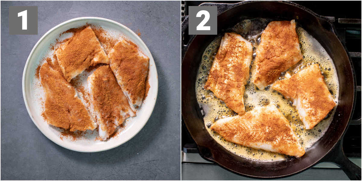 seasoned cod cooking in a buttered cast iron skillet