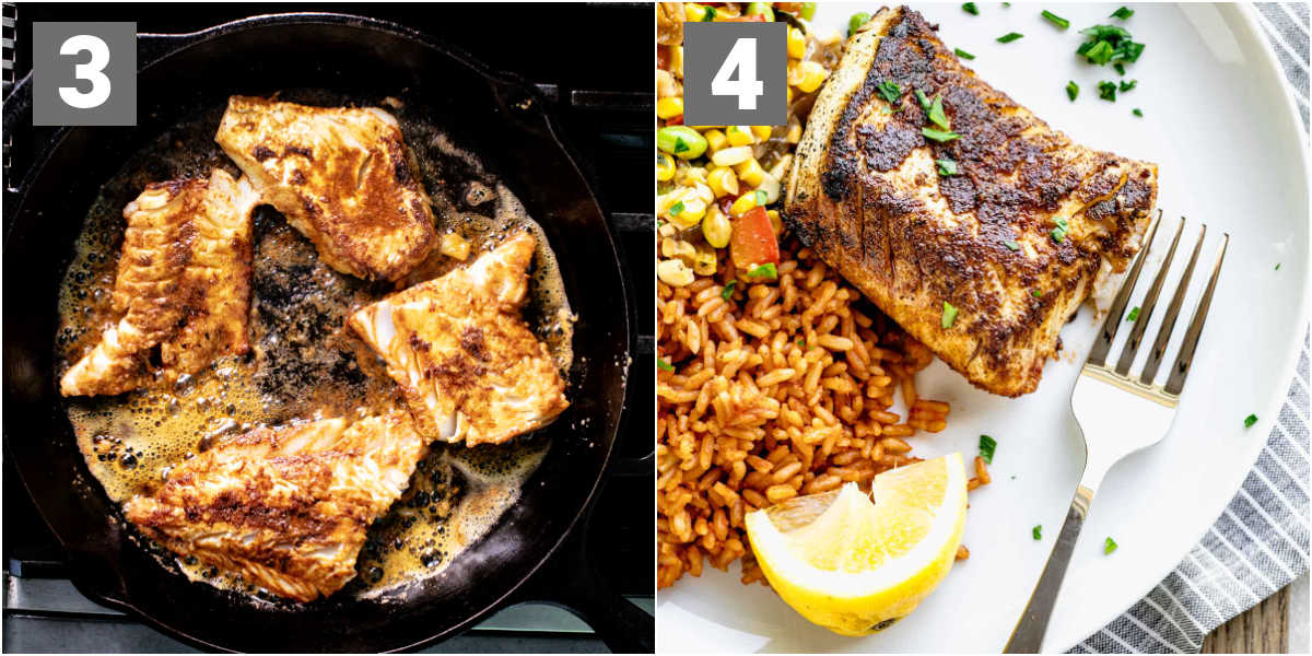 blackened cod cooking in cast iron skillet, and beside it is the final produce over a bed of rice and vegetables