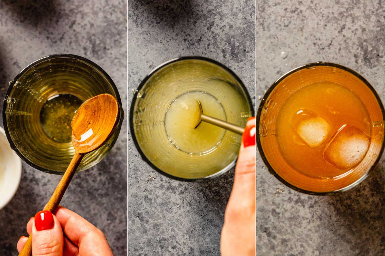 three-image gallery showing honey being added to a glass, honey and lemon juice being mixed in a glass, and a glass filled with an amber-hued drink and ice