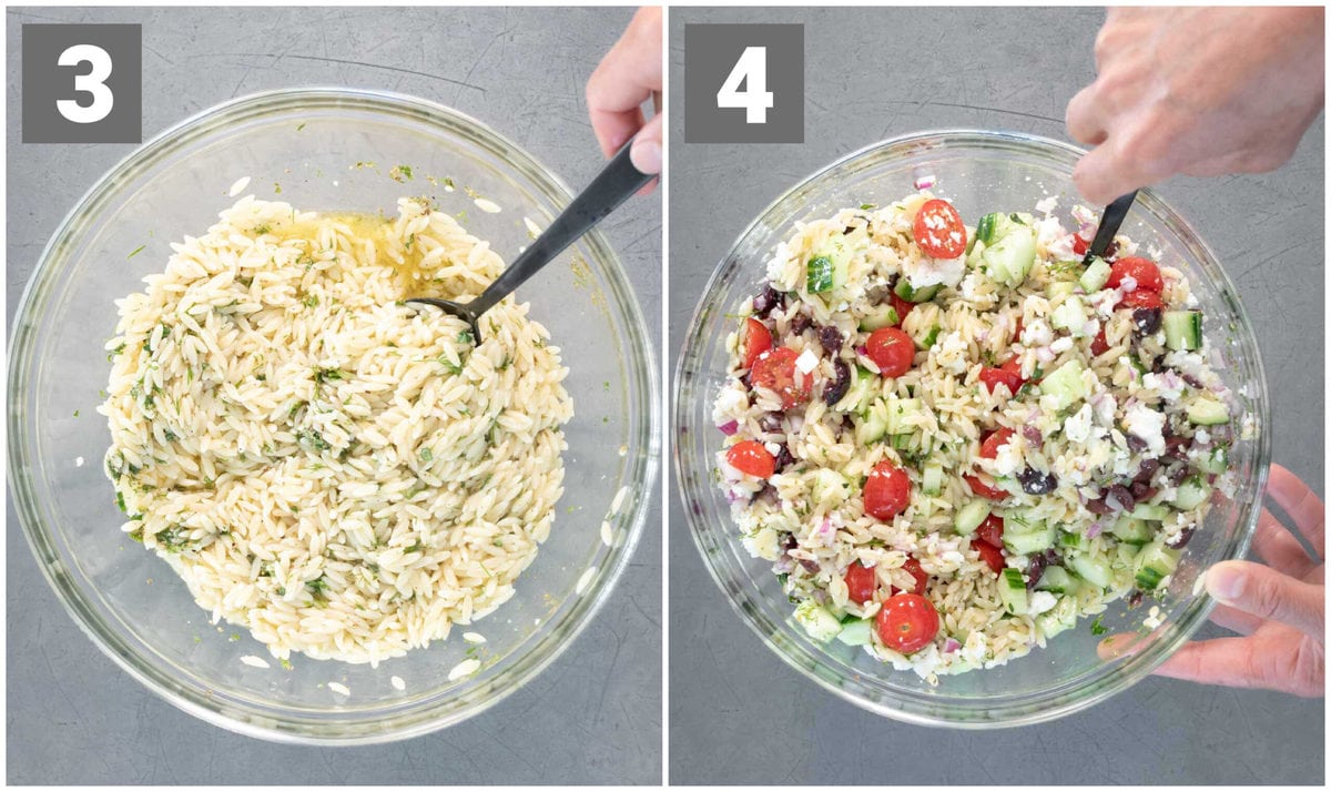 Left: Orzo pasta with salad dressing in it in a glass bowl and a silver spoon in it. Right: Orzo Pasta salad with tomatoes and cucumbers.