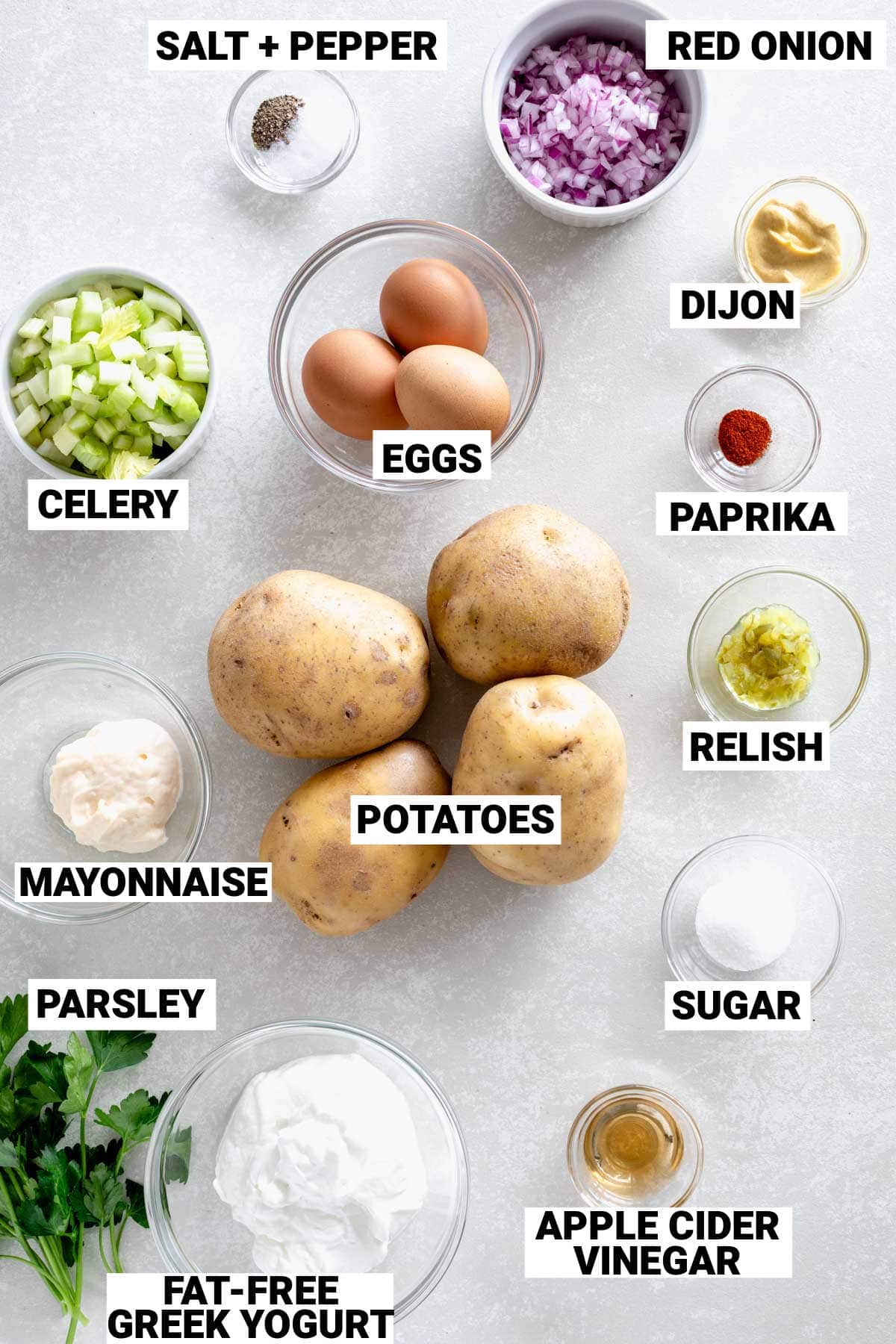 ingredients for the potato salad with text overlay
