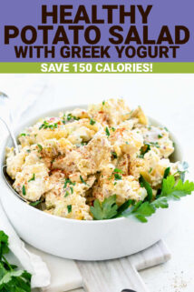 Side view of bowl of potato salad with text overlay