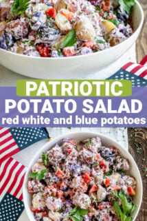 the potato salad from overhead and from the side with text overlay